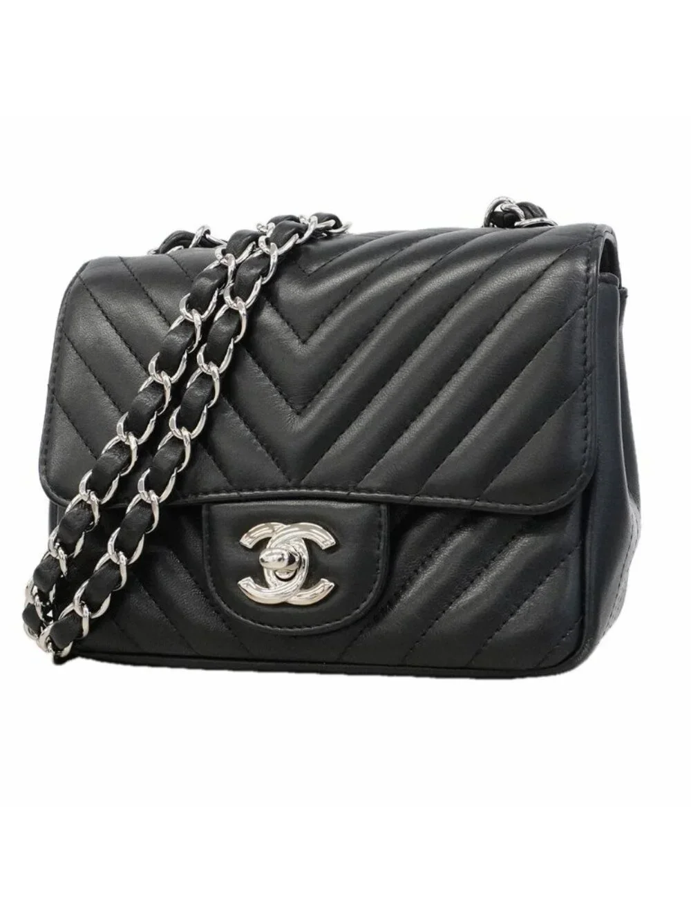 Chanel Shoulder Bag Chevron Lambskin Black Silver
